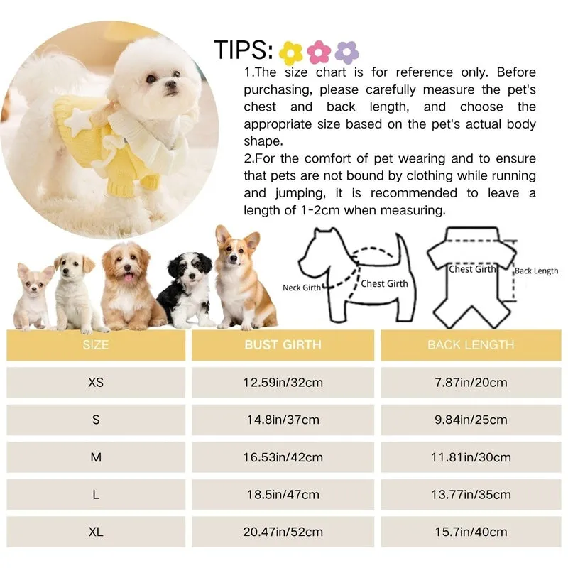 Yellow knitted dog sweater with star pattern and turtleneck on small breed puppy