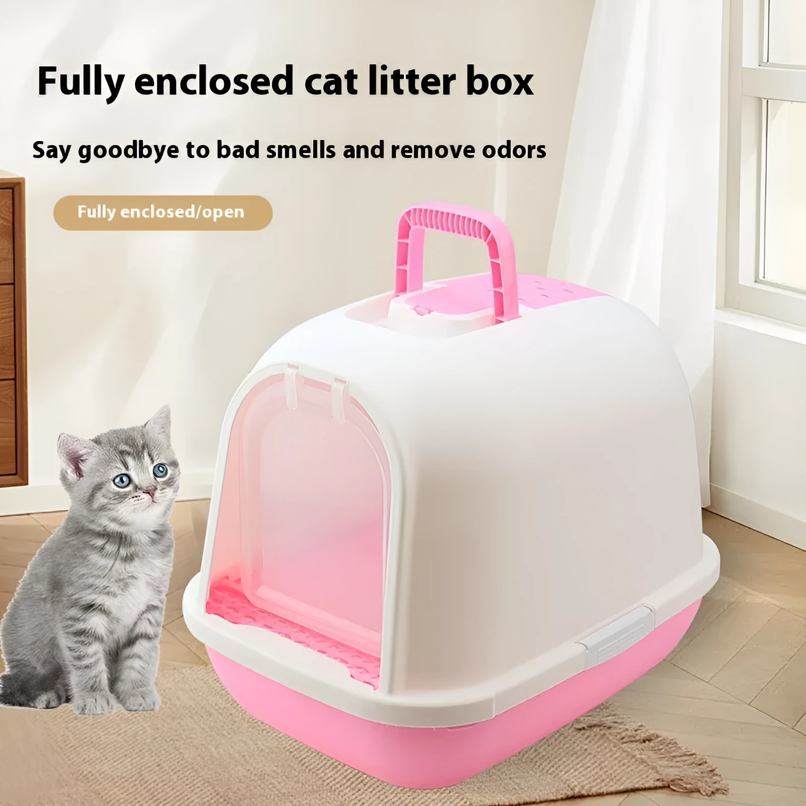 Fully enclosed PP cat litter box with drawer and deodorant, 49x36x41cm, pink finish