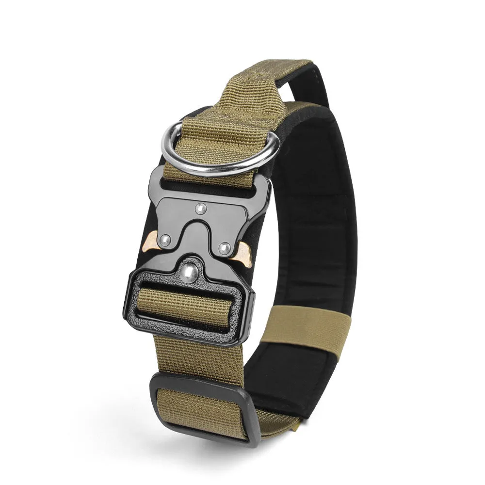 Explosion-proof tactical polyester dog collar in Army Green with metal buckle on neutral background