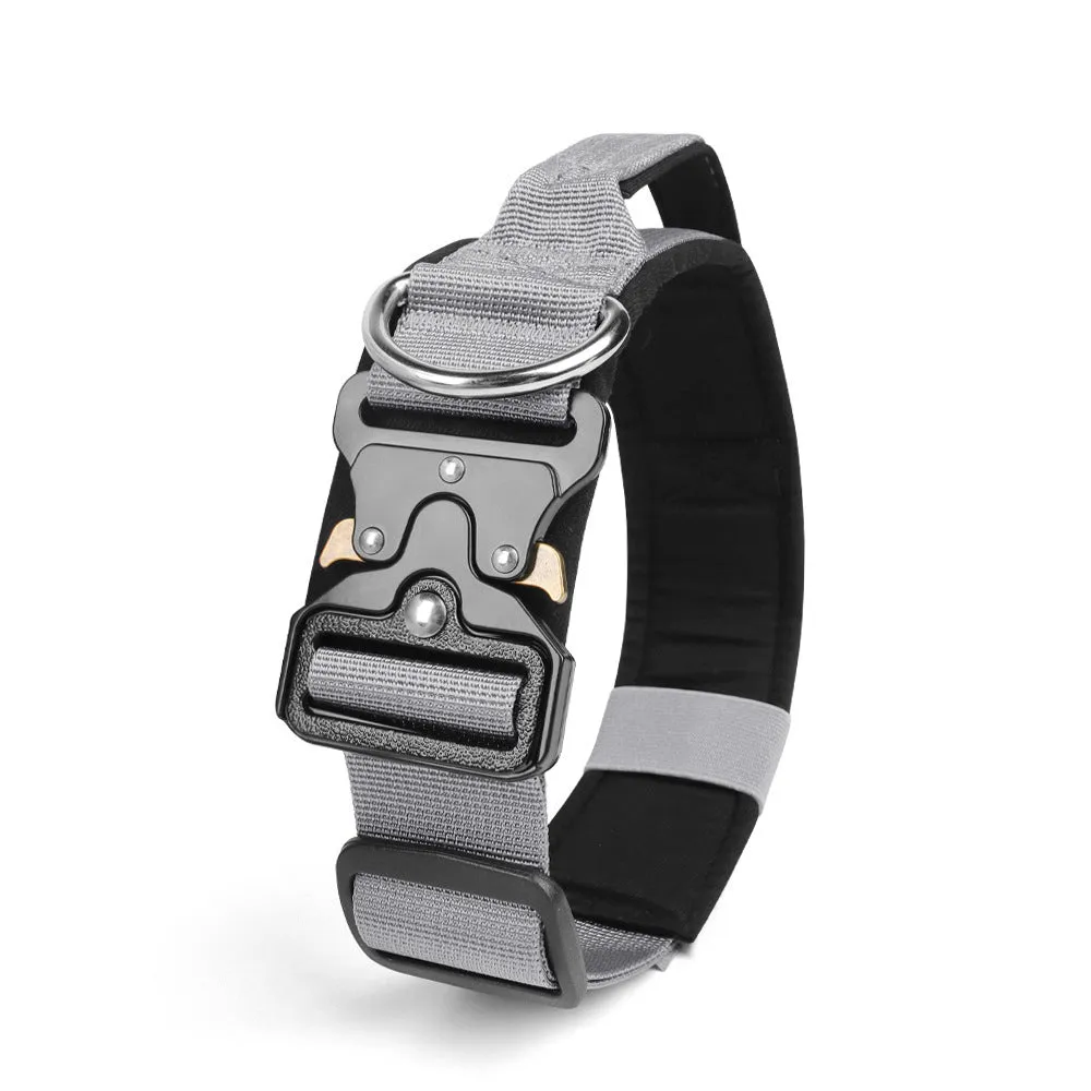 Explosion-proof tactical polyester dog collar in Army Green with metal buckle on neutral background