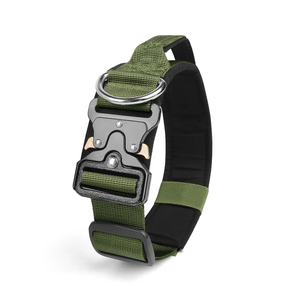 Explosion-proof tactical polyester dog collar in Army Green with metal buckle on neutral background