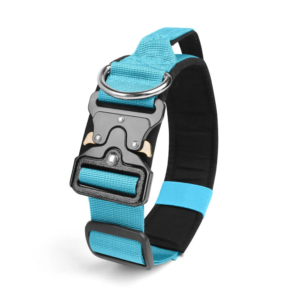Explosion-proof tactical polyester dog collar in Army Green with metal buckle on neutral background