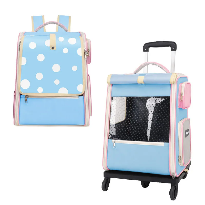 Multifunctional draw-bar pet bag in 1012 Blue with polka dot pattern, side view showing wheels and handle for rolling