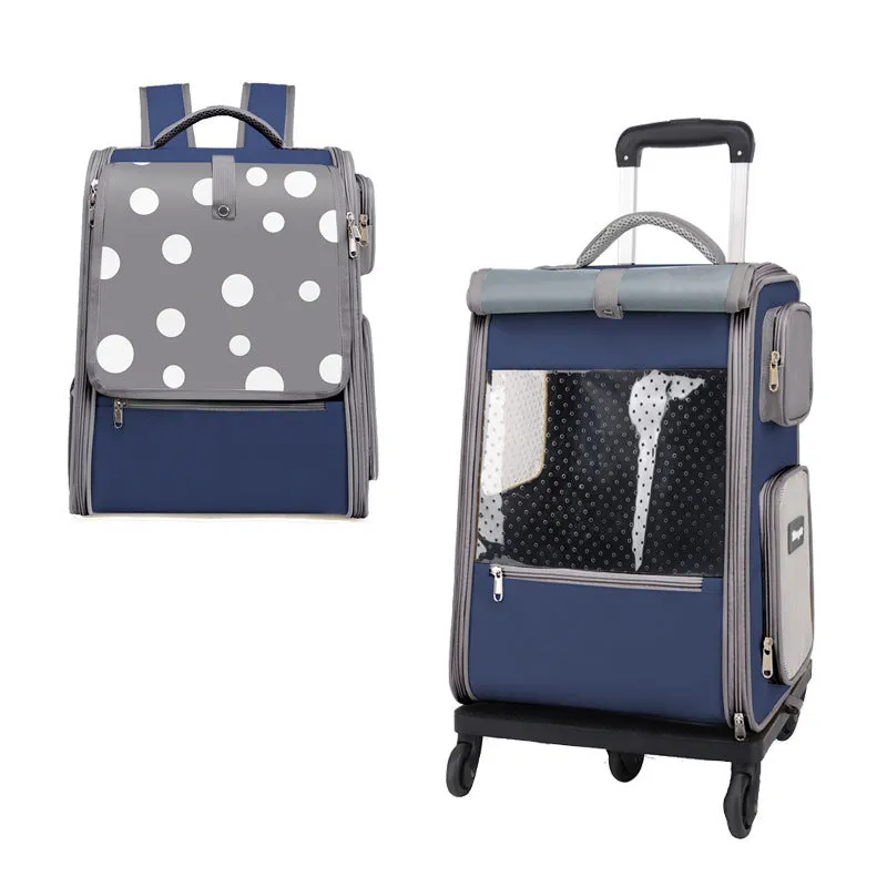 Multifunctional draw-bar pet bag in 1012 Blue with polka dot pattern, side view showing wheels and handle for rolling