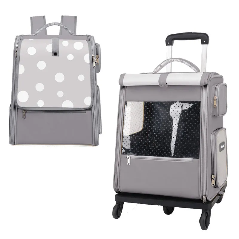 Multifunctional draw-bar pet bag in 1012 Blue with polka dot pattern, side view showing wheels and handle for rolling
