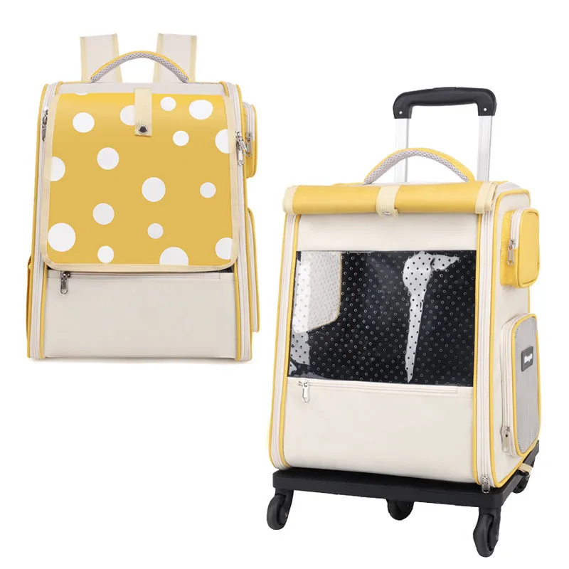 Multifunctional draw-bar pet bag in 1012 Blue with polka dot pattern, side view showing wheels and handle for rolling