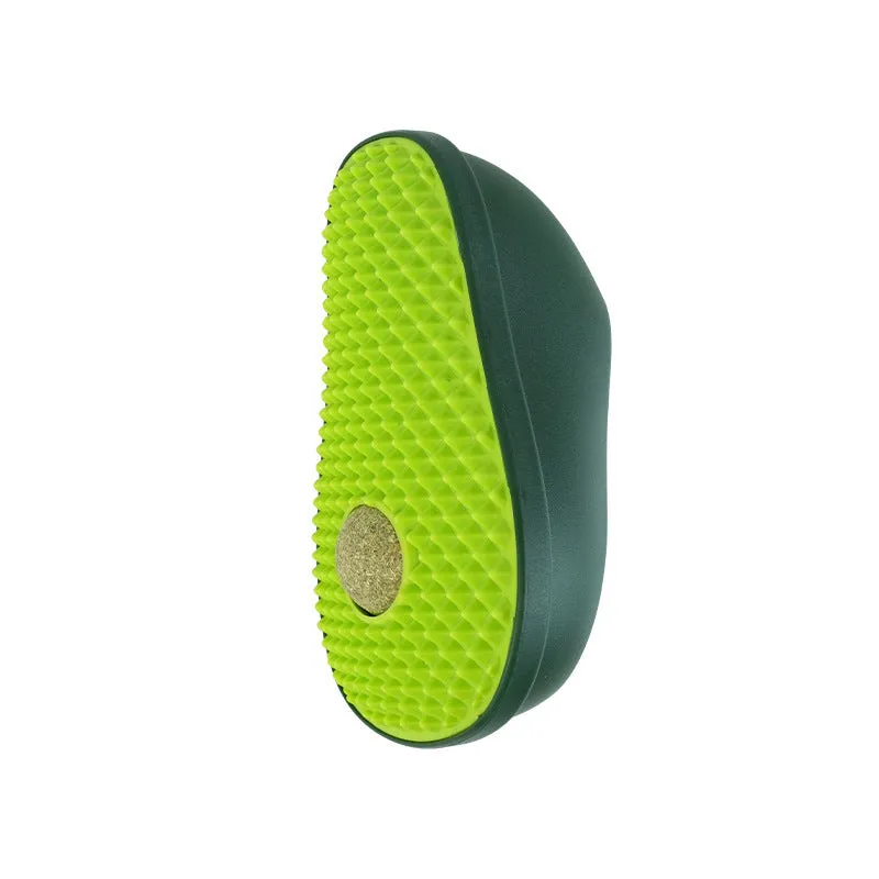Green avocado-shaped cat scratching post toy on a white background