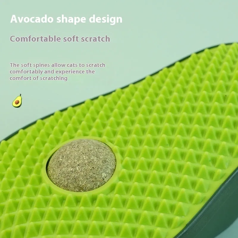Green avocado-shaped cat scratching post toy on a white background