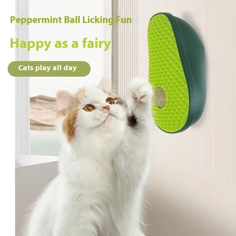 Green avocado-shaped cat scratching post toy on a white background