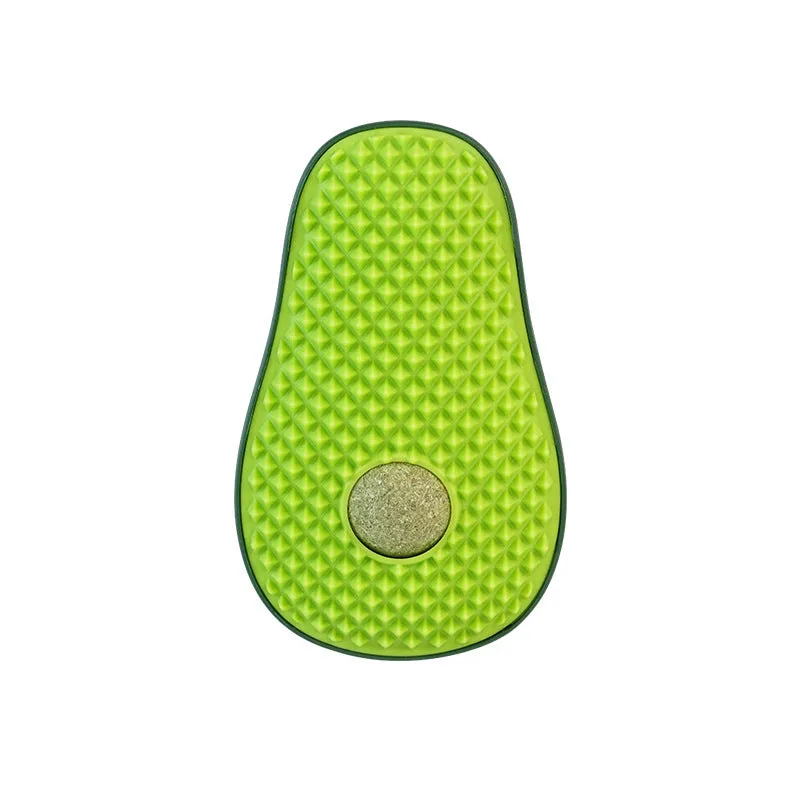 Green avocado-shaped cat scratching post toy on a white background