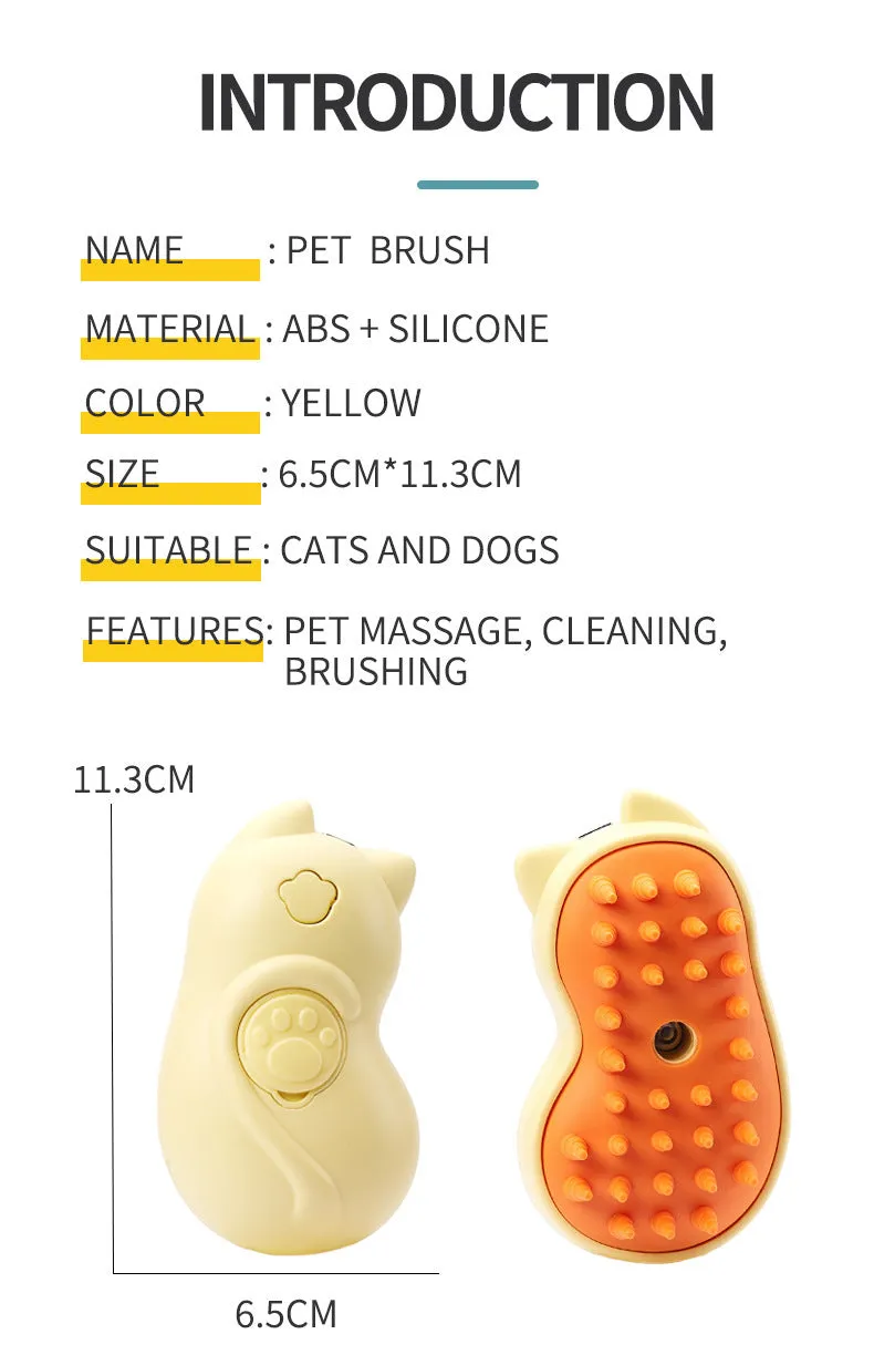 Yellow electric one-click disposable spray pet grooming brush for cats and dogs on white background