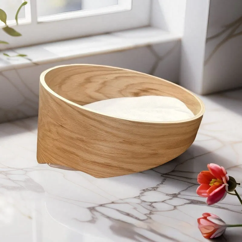 Solid wood cat bed indoor cattery natural wood colour 35cm diameter