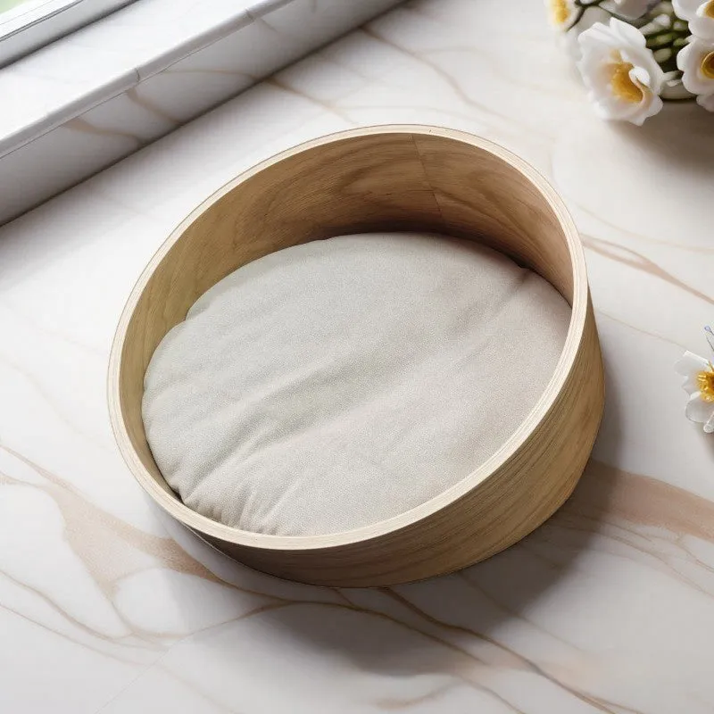 Solid wood cat bed indoor cattery natural wood colour 35cm diameter