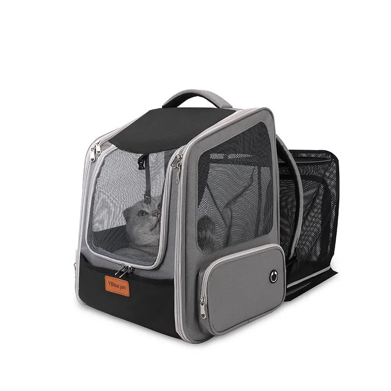 Portable pet carrier backpack with 18L expandable capacity in black nylon for cats and dogs