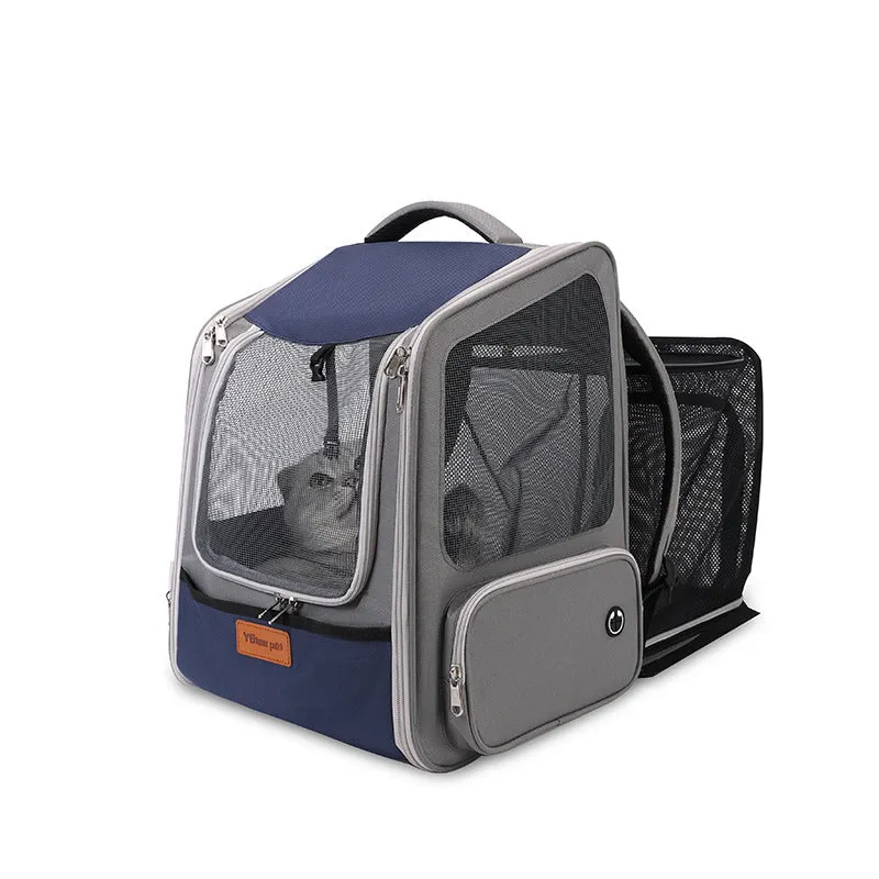 Portable pet carrier backpack with 18L expandable capacity in black nylon for cats and dogs