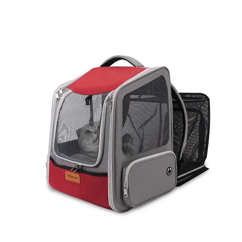 Portable pet carrier backpack with 18L expandable capacity in black nylon for cats and dogs