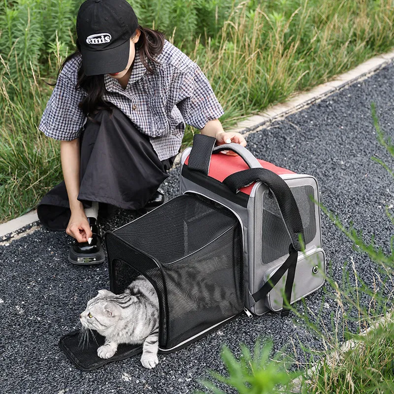 Portable pet carrier backpack with 18L expandable capacity in black nylon for cats and dogs