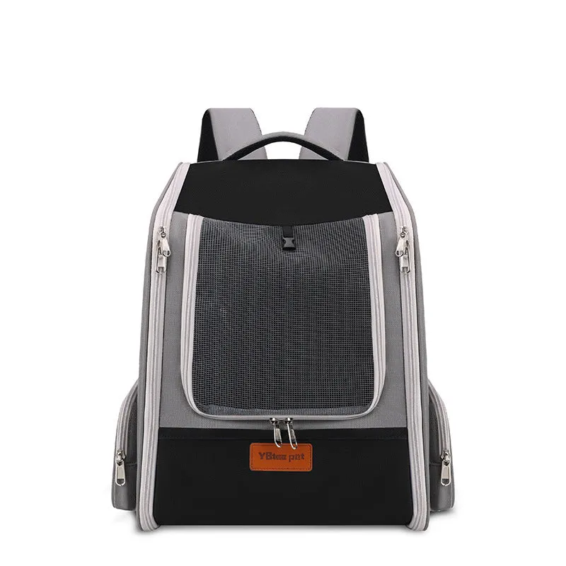 Portable pet carrier backpack with 18L expandable capacity in black nylon for cats and dogs