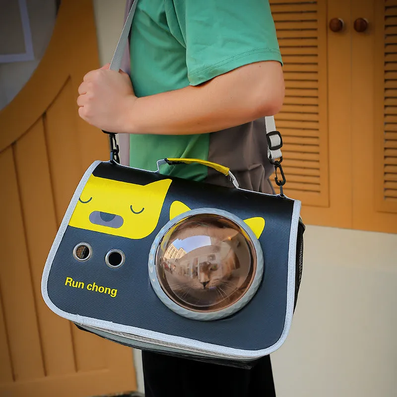 Portable pet carry bag with transparent nylon front, cartoon pattern, for cats up to 12kg