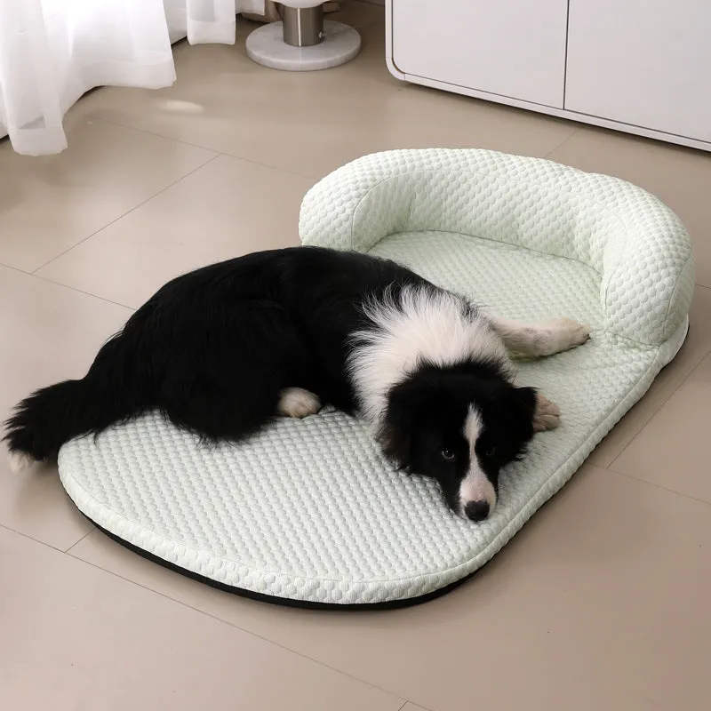 Summer pet cooling mat in blue with breathable ice peas fabric for dogs, shown on a flat surface.