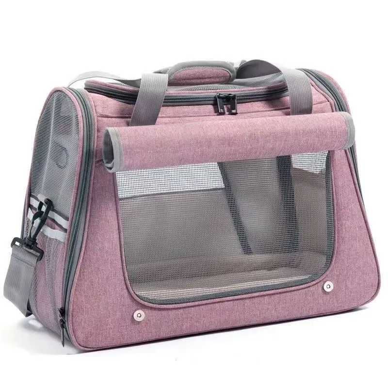 Canvas pet carrier bag in gray with large 35-litre capacity for cat travel, hard-sided and breathable design