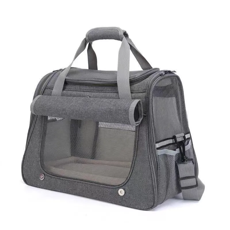 Canvas pet carrier bag in gray with large 35-litre capacity for cat travel, hard-sided and breathable design