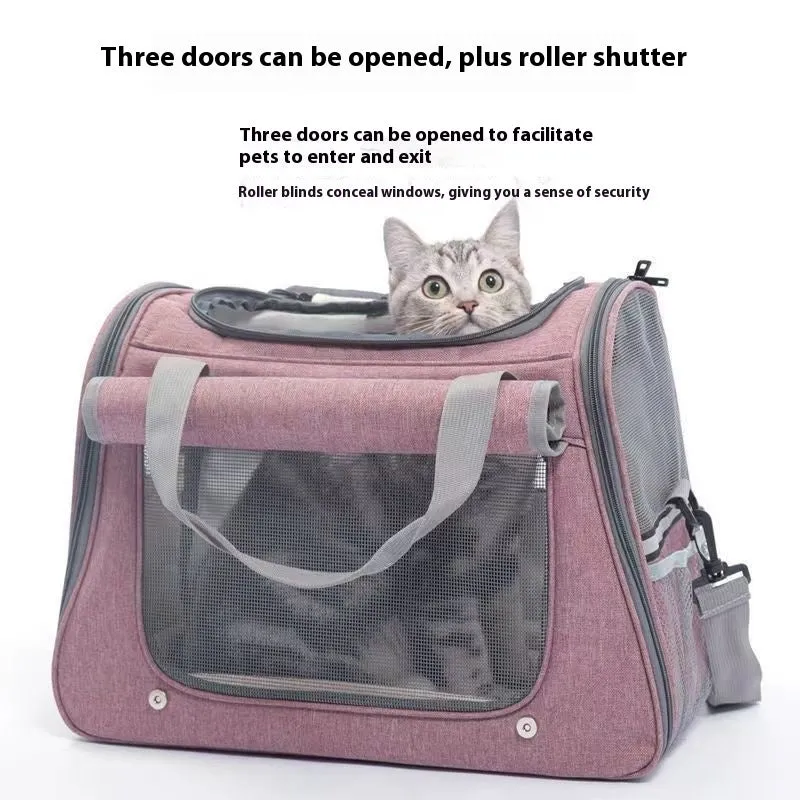 Canvas pet carrier bag in gray with large 35-litre capacity for cat travel, hard-sided and breathable design