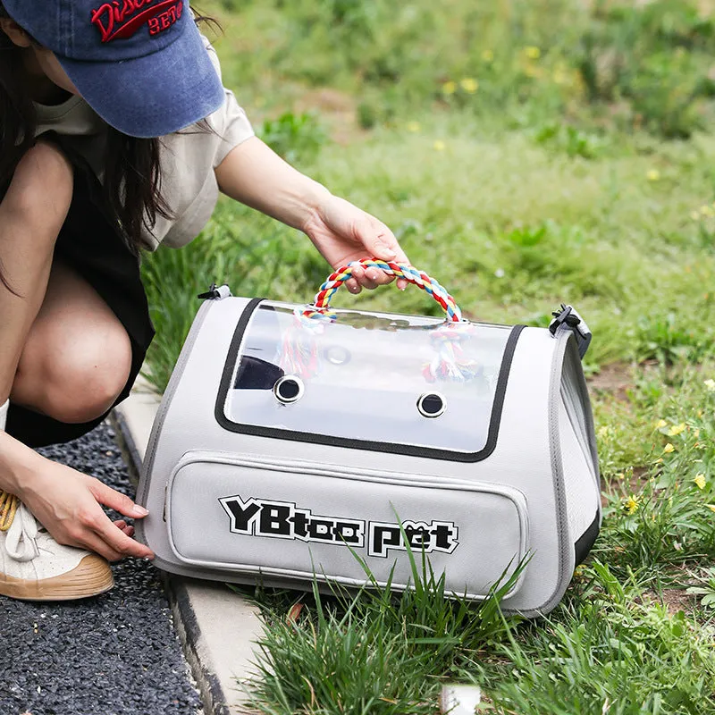 Portable transparent visual pet bag in blue with large capacity and foldable Oxford cloth design for pet travel