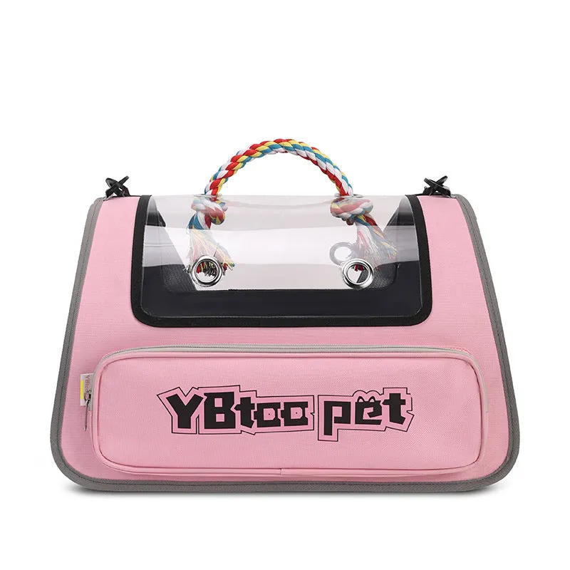 Portable transparent visual pet bag in blue with large capacity and foldable Oxford cloth design for pet travel