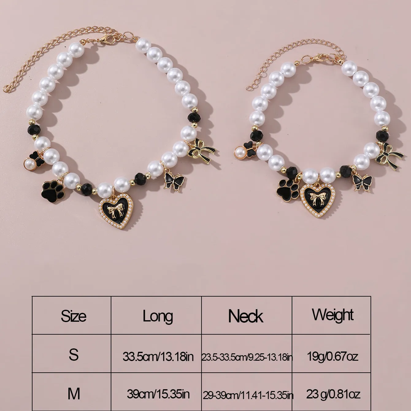 Cartoon pattern monochrome pet pendant necklace on a white background – pearl-like material, black colour option