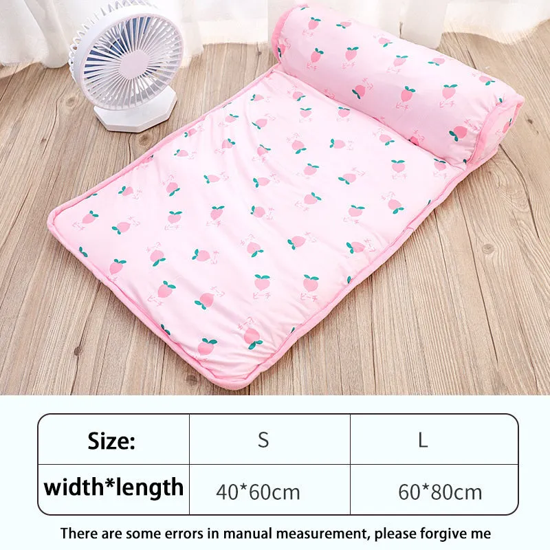 Blue cooling dog mat on floor with small dog lying on it, breathable ice silk cotton surface