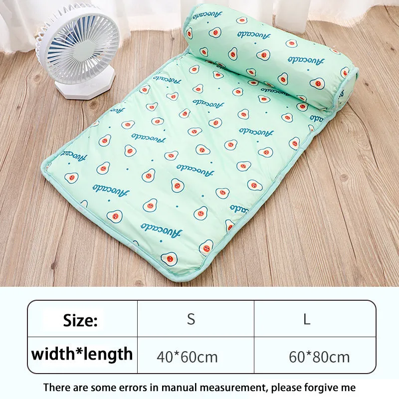 Blue cooling dog mat on floor with small dog lying on it, breathable ice silk cotton surface