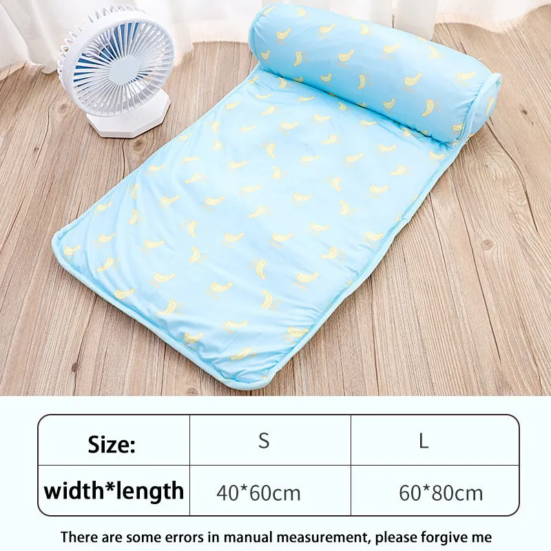 Blue cooling dog mat on floor with small dog lying on it, breathable ice silk cotton surface