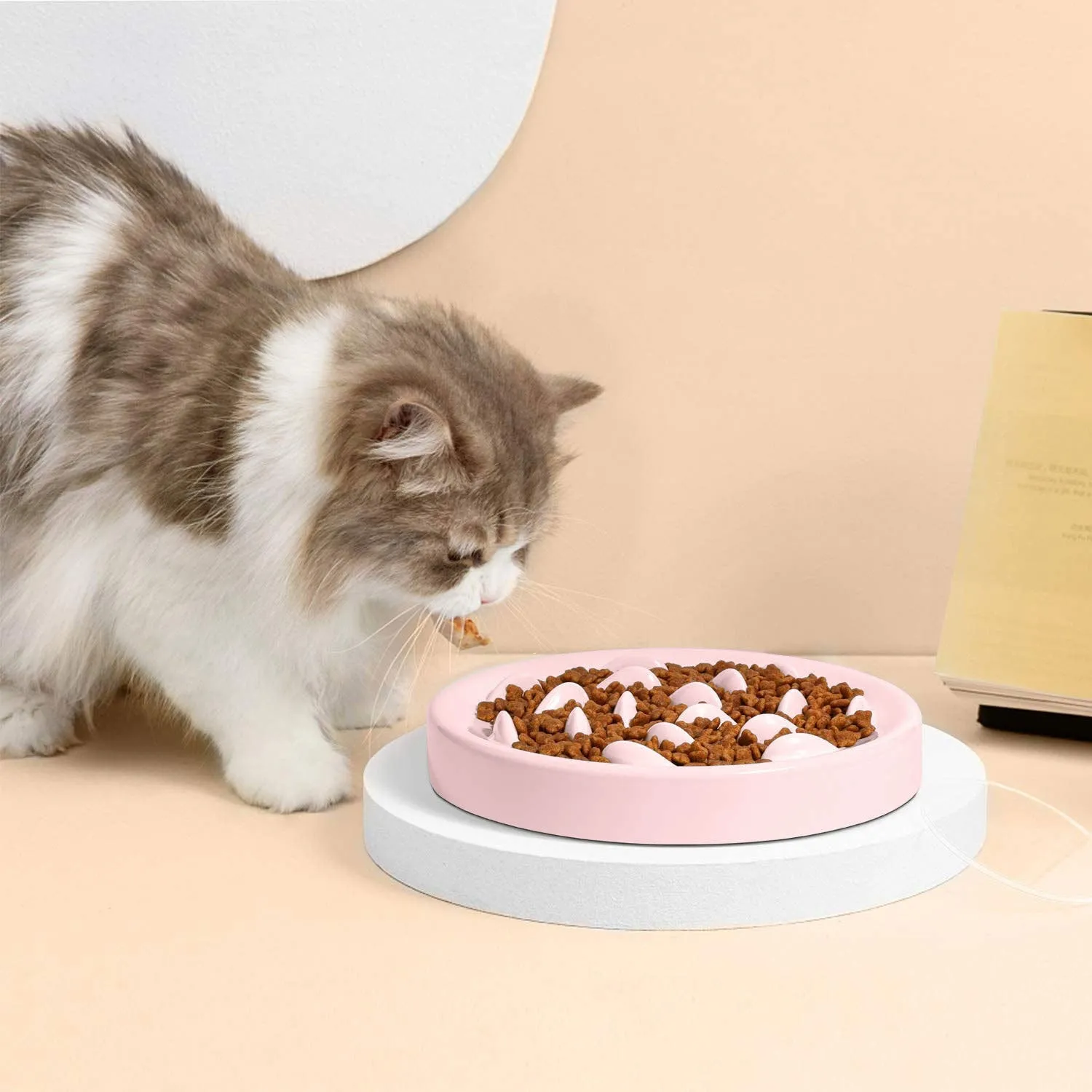 Melamine cat slow feeding bowl with goldfish pattern in white large size