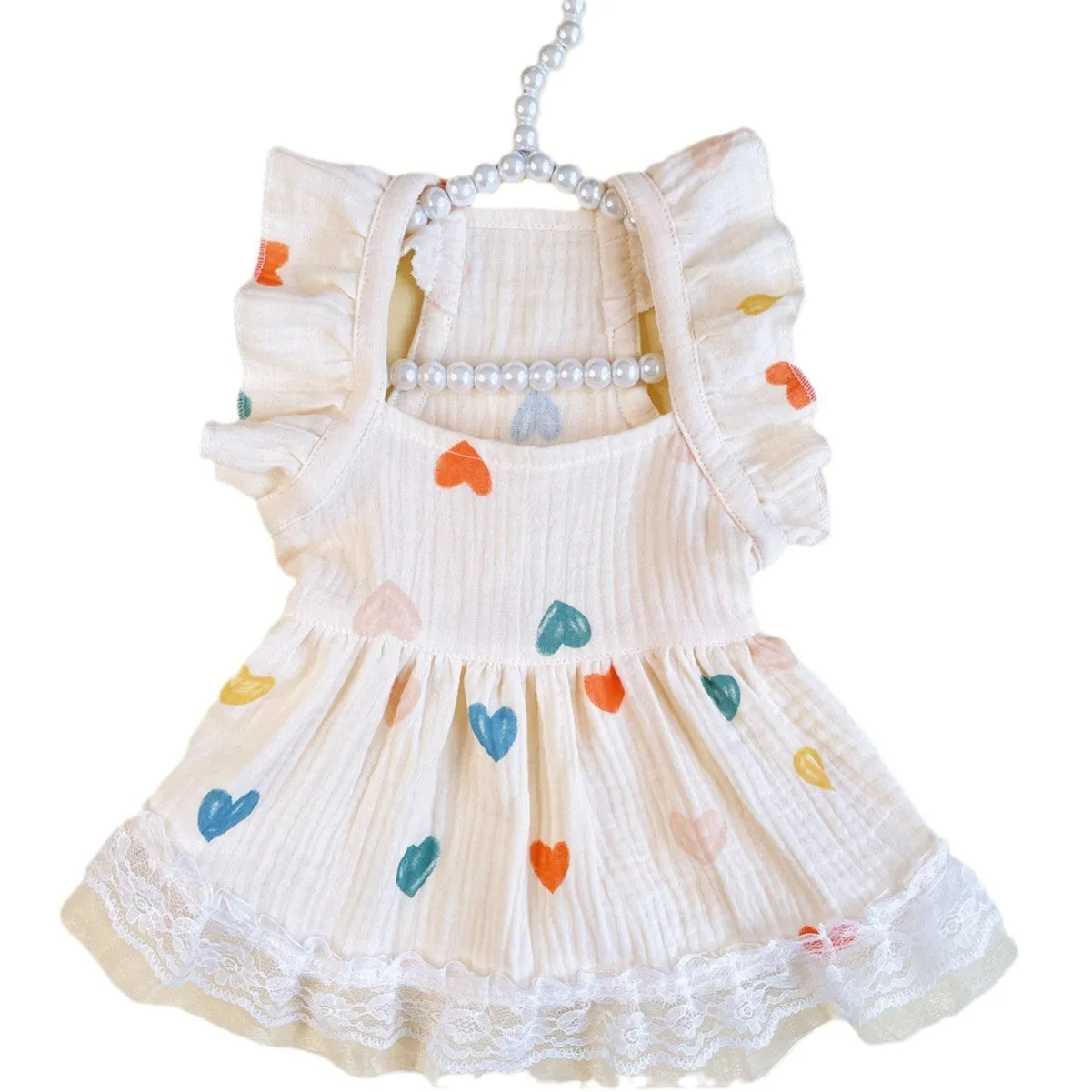 Light yellow love heart flying sleeve girl's dress polyester casual XS-XXL