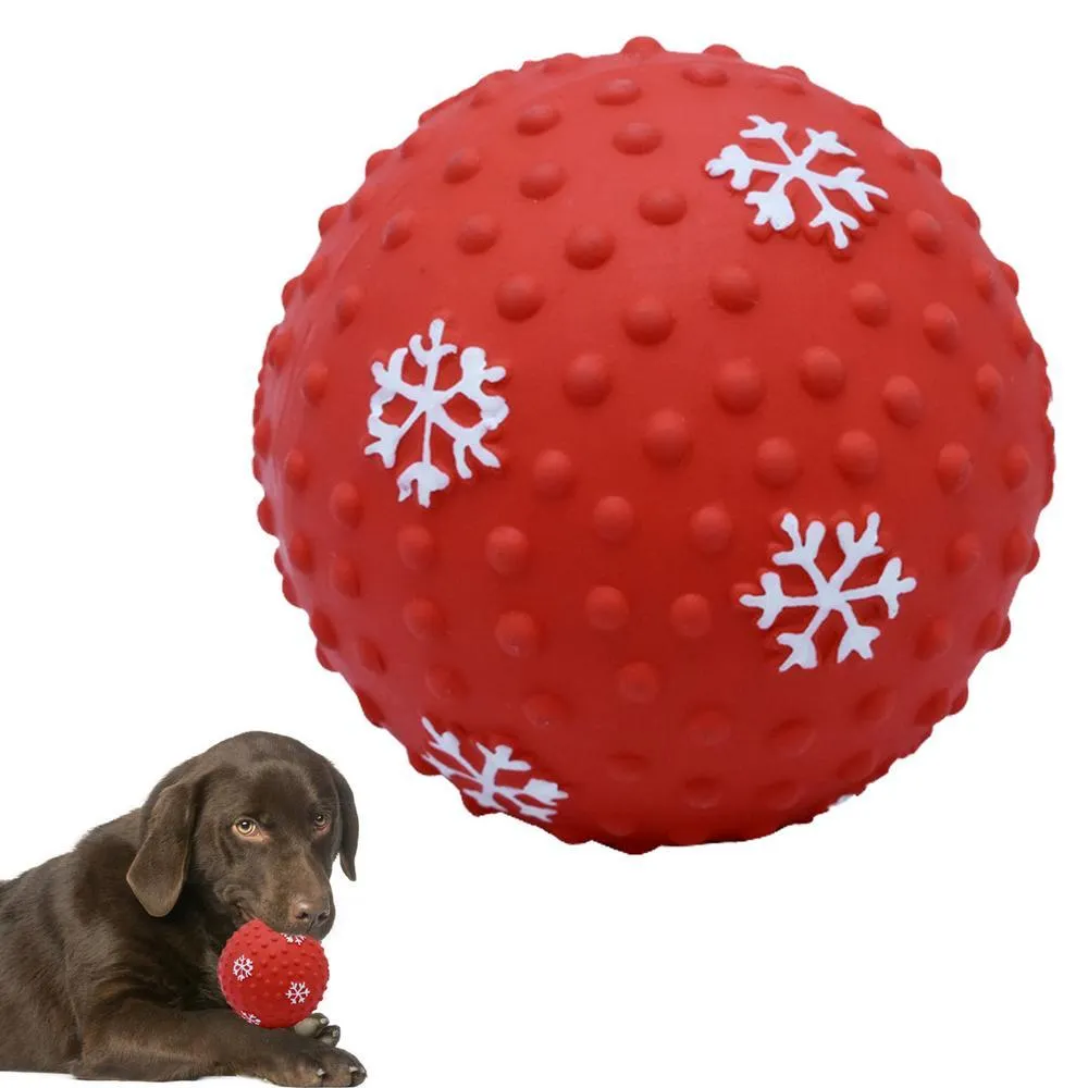 Red and green Christmas dog toy ball with snowflake pattern, approximately 7cm diameter