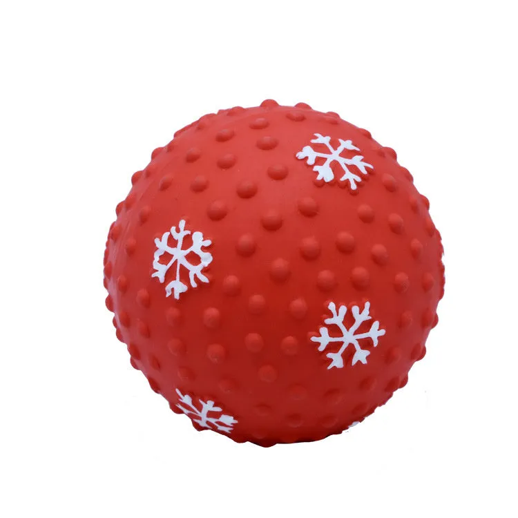 Red and green Christmas dog toy ball with snowflake pattern, approximately 7cm diameter