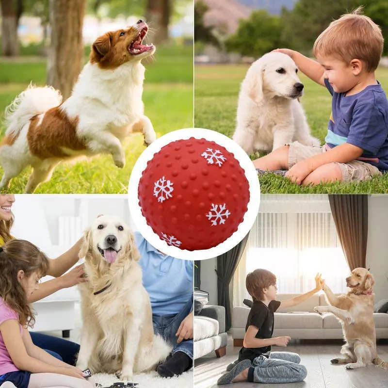 Red and green Christmas dog toy ball with snowflake pattern, approximately 7cm diameter