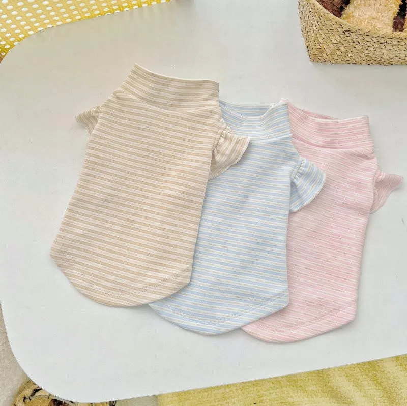 Striped turtleneck flounced sleeve pet clothes in coffee, polyester base layer shirt for dogs and cats