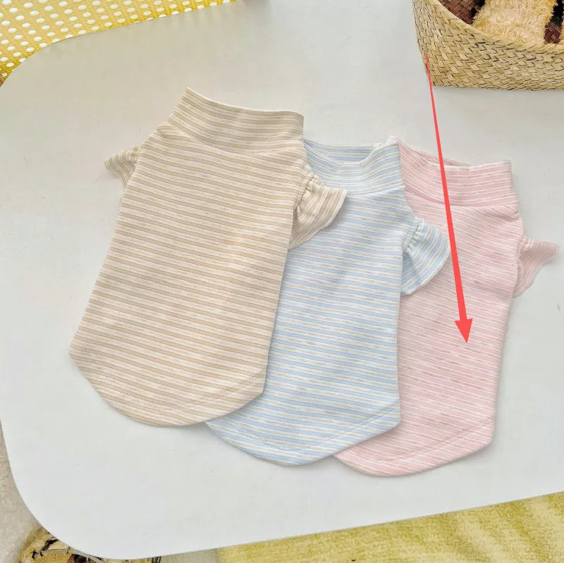 Striped turtleneck flounced sleeve pet clothes in coffee, polyester base layer shirt for dogs and cats