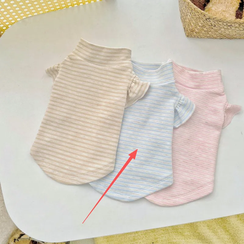 Striped turtleneck flounced sleeve pet clothes in coffee, polyester base layer shirt for dogs and cats