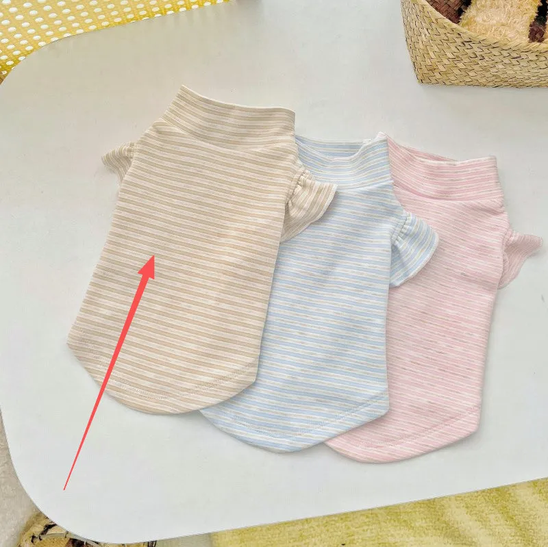 Striped turtleneck flounced sleeve pet clothes in coffee, polyester base layer shirt for dogs and cats