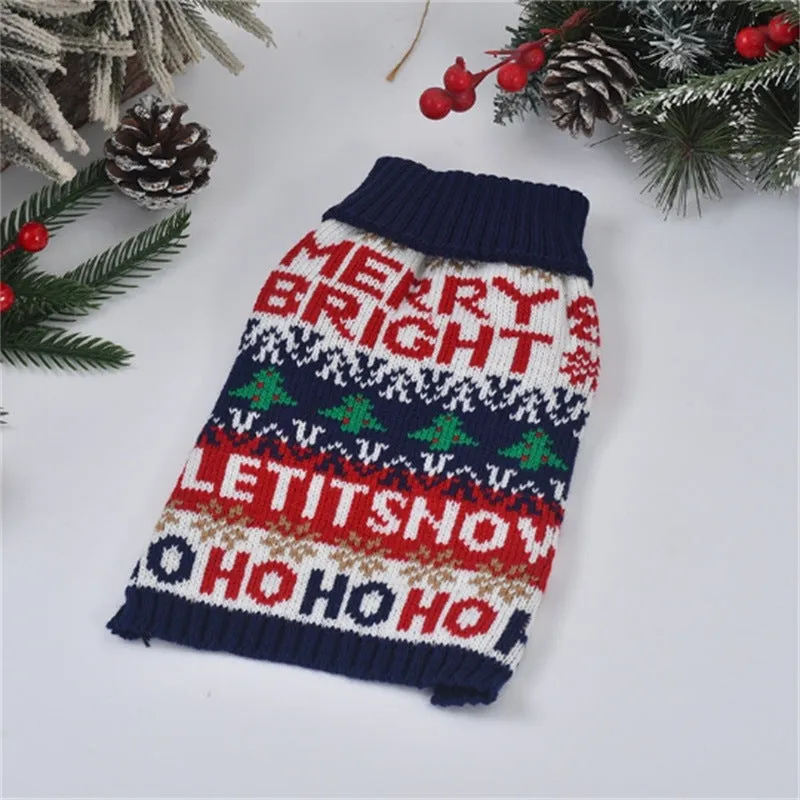 Pet sweater for small dogs and cats, wool blend knit, Christmas tree design in boutique and blue, sizes 6-16