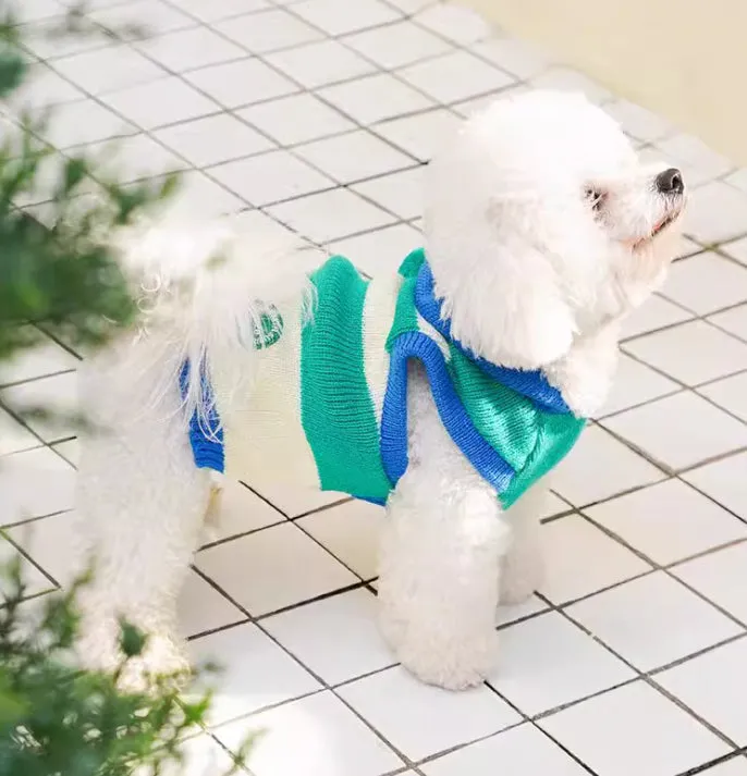 Blue striped hooded knitted pet sweater for dogs and cats autumn winter wear