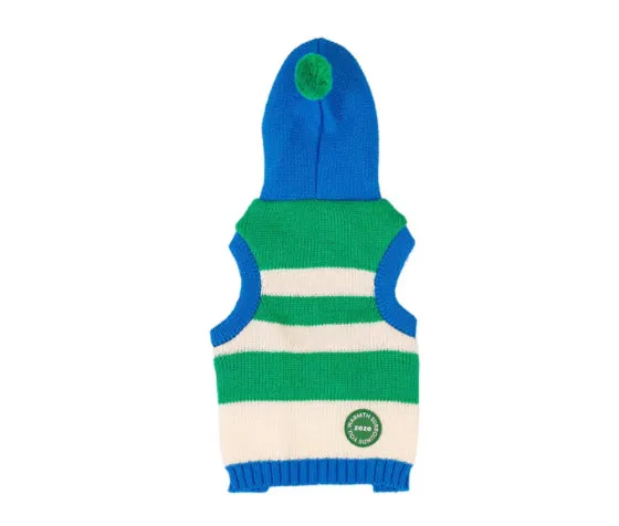 Blue striped hooded knitted pet sweater for dogs and cats autumn winter wear