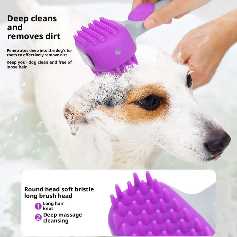 Silicone dog bath brush with lotion dispenser in blue, used for hair cleaning and massage during pet bathing