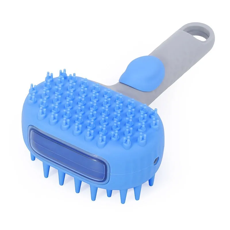 Silicone dog bath brush with lotion dispenser in blue, used for hair cleaning and massage during pet bathing