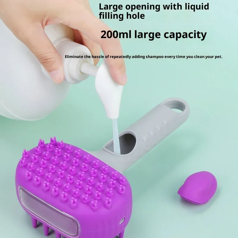 Silicone dog bath brush with lotion dispenser in blue, used for hair cleaning and massage during pet bathing