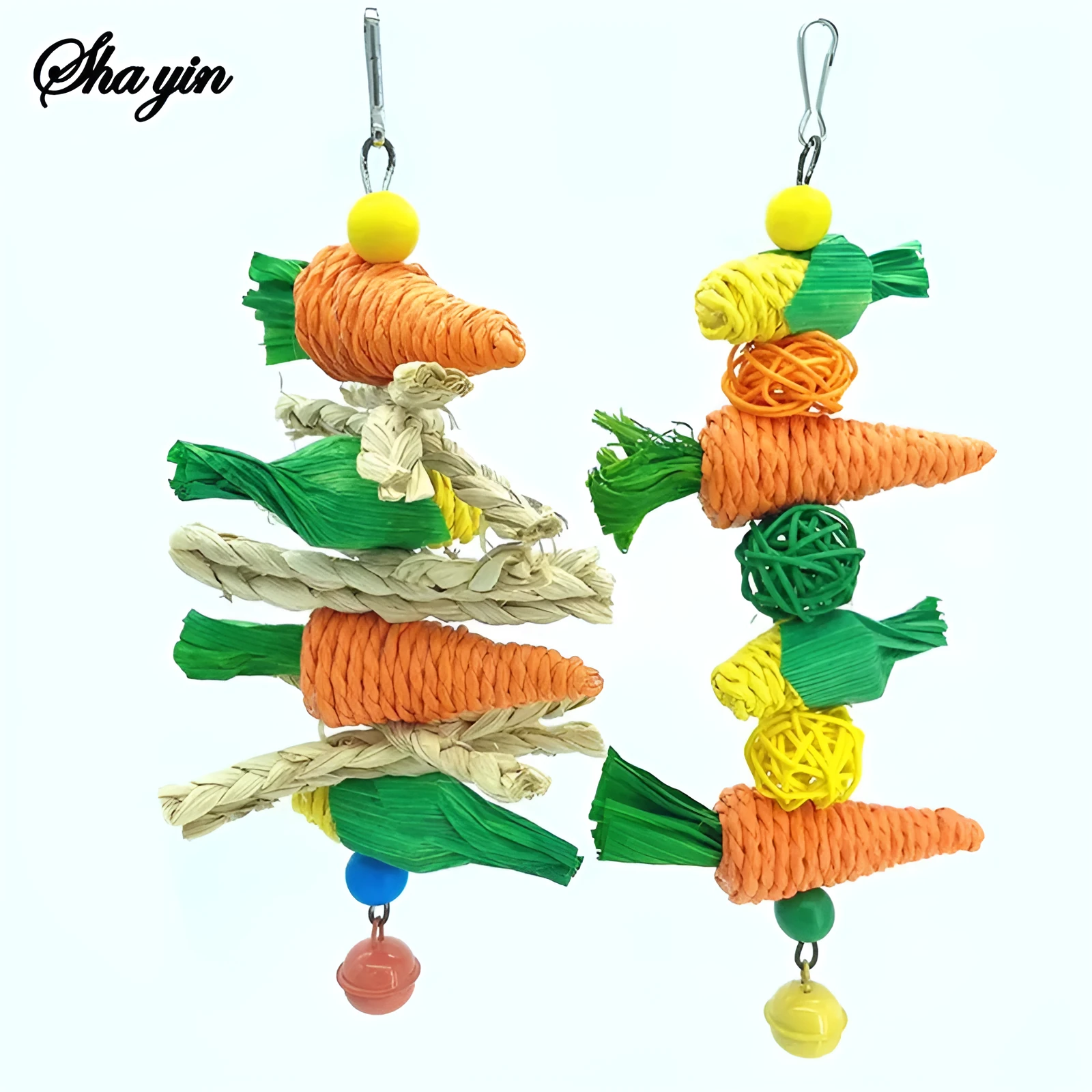 Parrot hanging chew toy with hook attachment for bird cage, featuring perch and climbing design