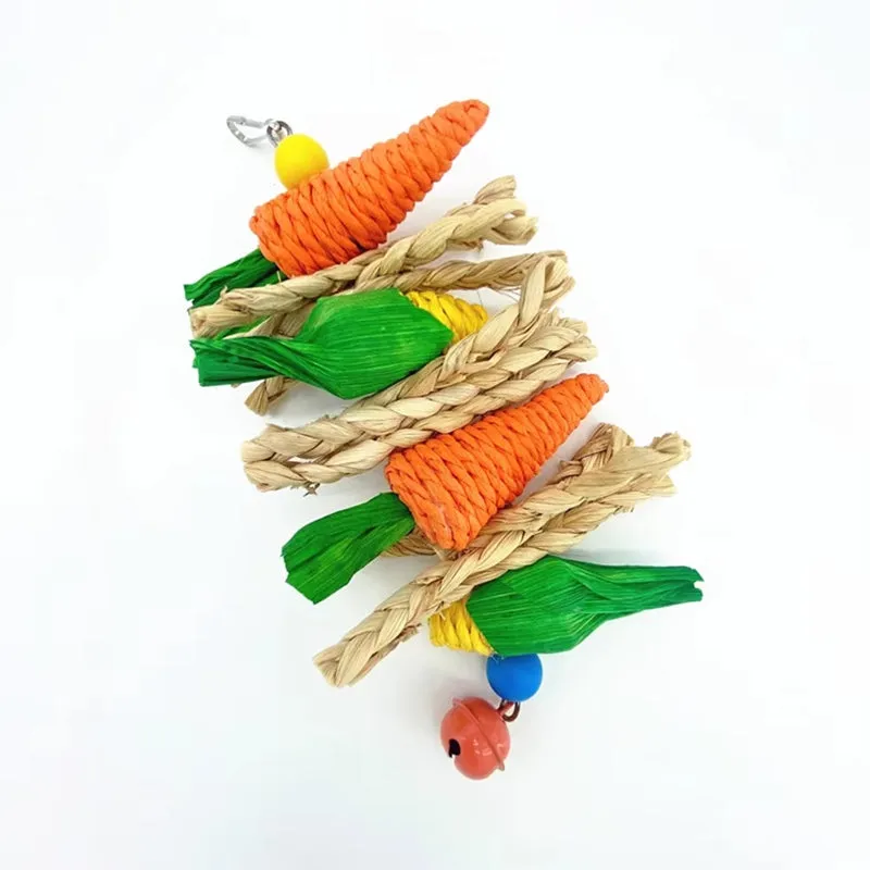 Parrot hanging chew toy with hook attachment for bird cage, featuring perch and climbing design
